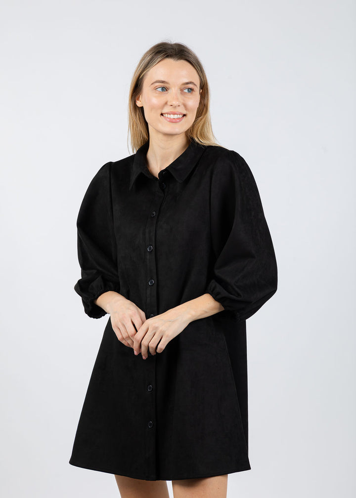 BK Faux Suede Puff Sleeve Shirt Dress in Black available at Barbara Katz