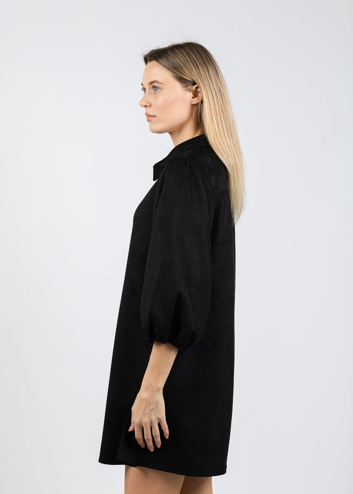 BK Faux Suede Puff Sleeve Shirt Dress in Black available at Barbara Katz