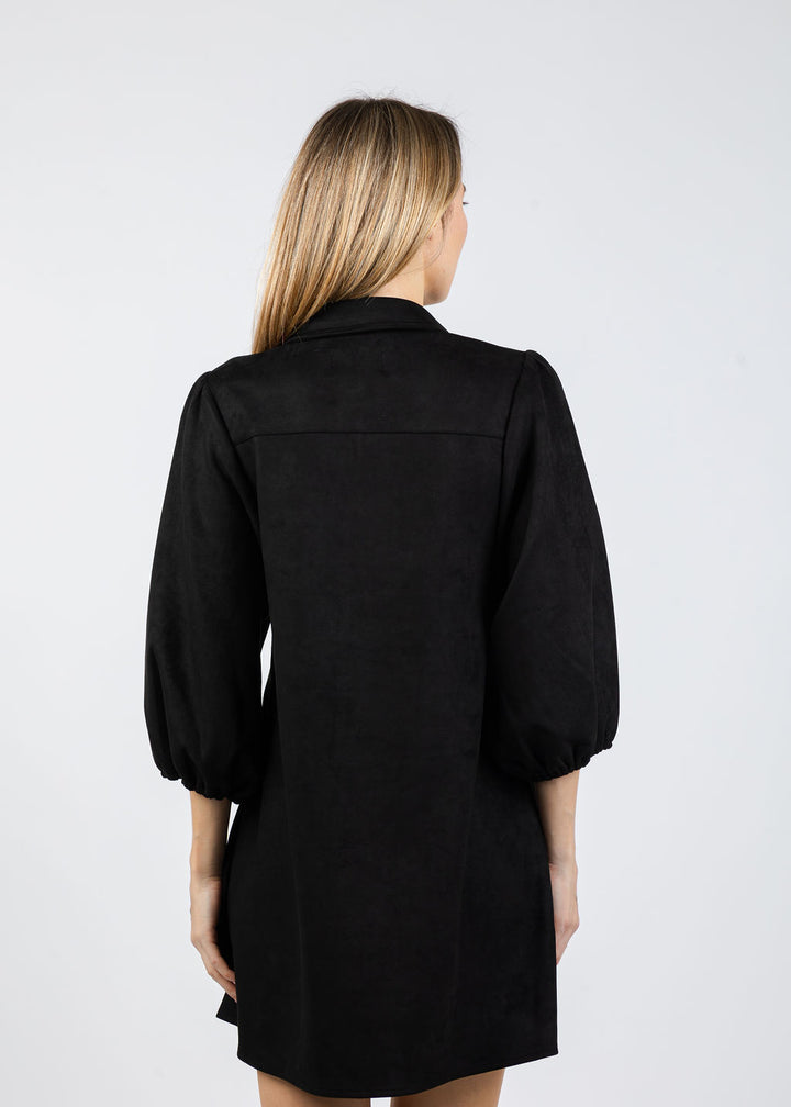 BK Faux Suede Puff Sleeve Shirt Dress in Black available at Barbara Katz