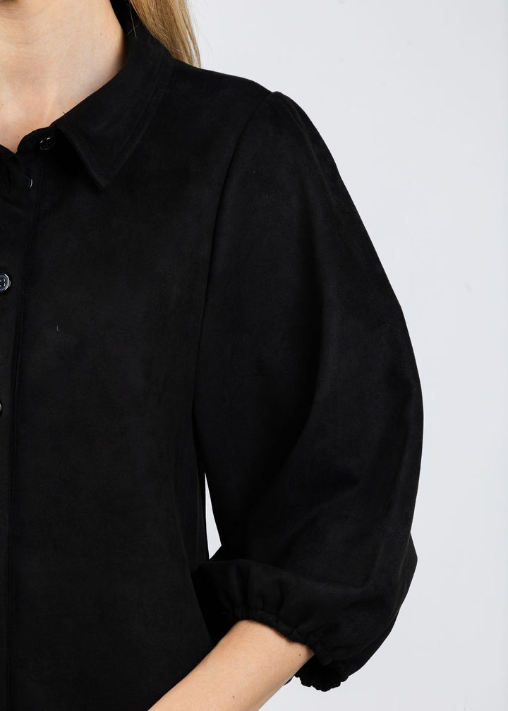 BK Faux Suede Puff Sleeve Shirt Dress in Black available at Barbara Katz