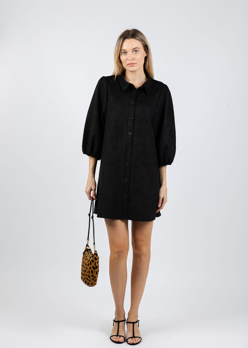 BK Faux Suede Puff Sleeve Shirt Dress in Black available at Barbara Katz