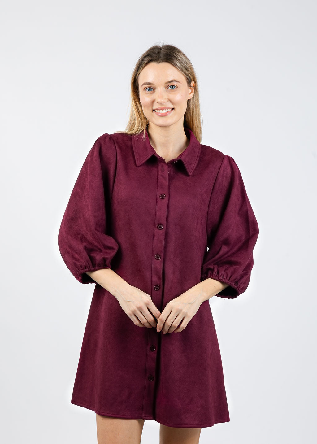 BK Faux Suede Puff Sleeve Shirt Dress in Burgundy available at Barbara Katz
