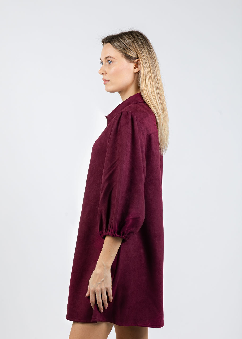 BK Faux Suede Puff Sleeve Shirt Dress in Burgundy available at Barbara Katz