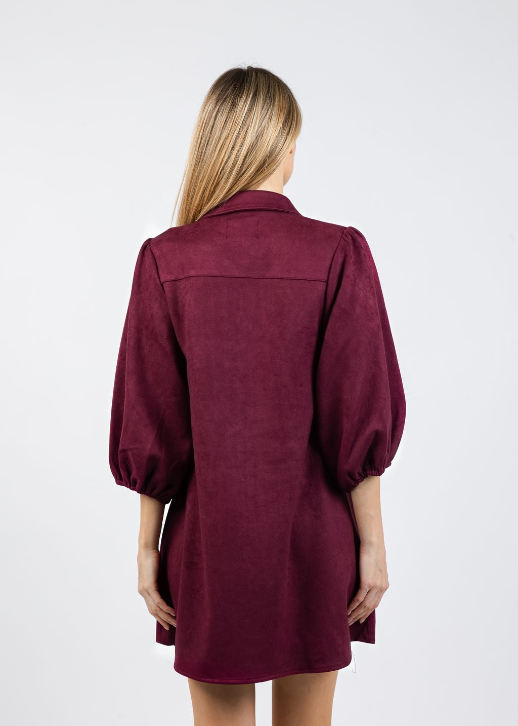 BK Faux Suede Puff Sleeve Shirt Dress in Burgundy available at Barbara Katz