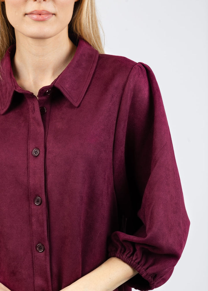 BK Faux Suede Puff Sleeve Shirt Dress in Burgundy available at Barbara Katz