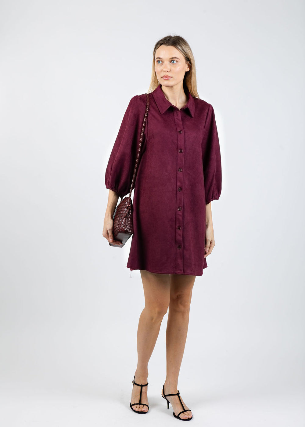 BK Faux Suede Puff Sleeve Shirt Dress in Burgundy available at Barbara Katz