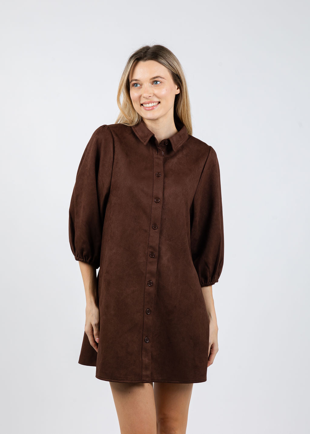 BK Faux Suede Puff Sleeve Shirt Dress in Coffee available at Barbara Katz
