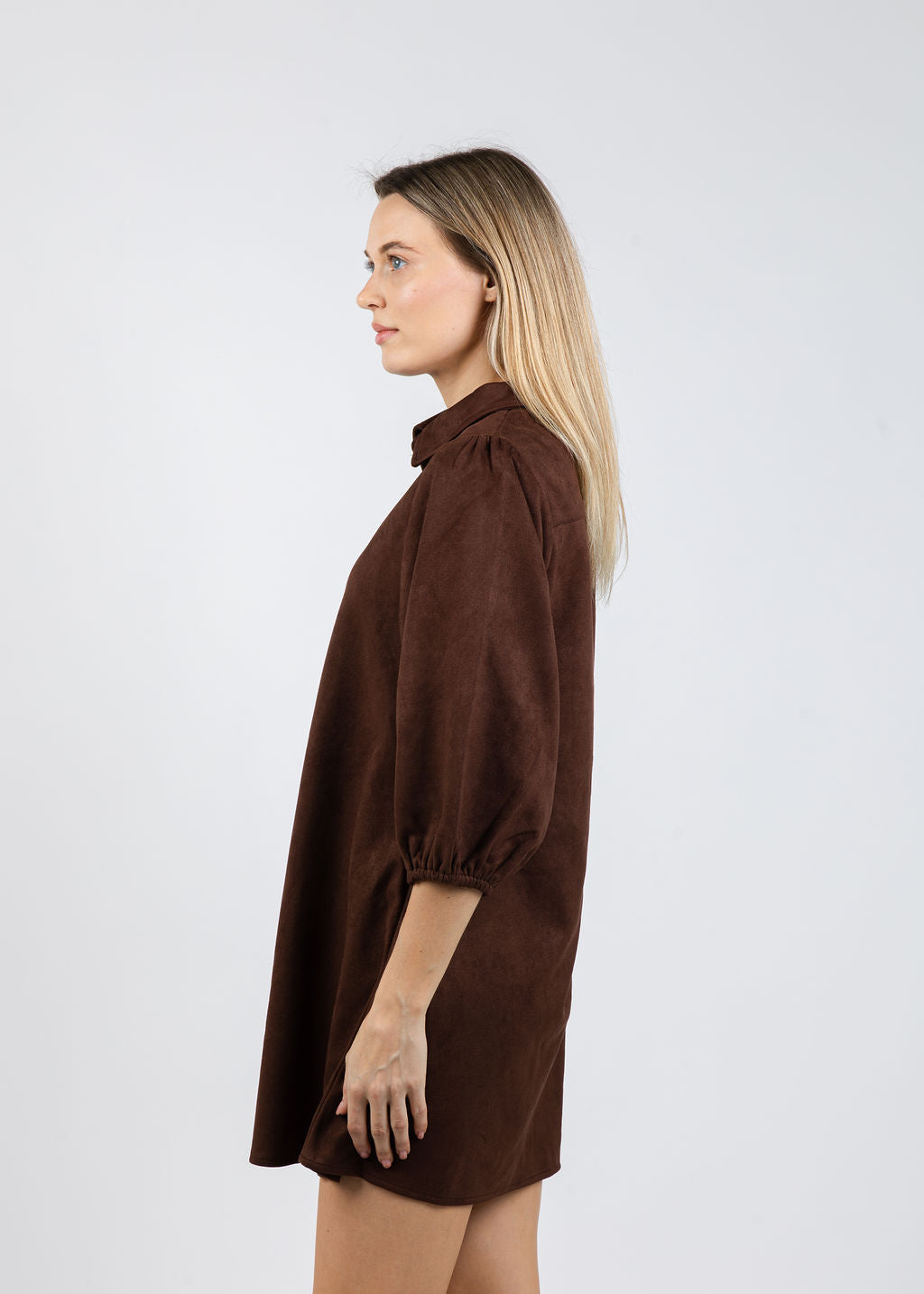 BK Faux Suede Puff Sleeve Shirt Dress in Coffee available at Barbara Katz