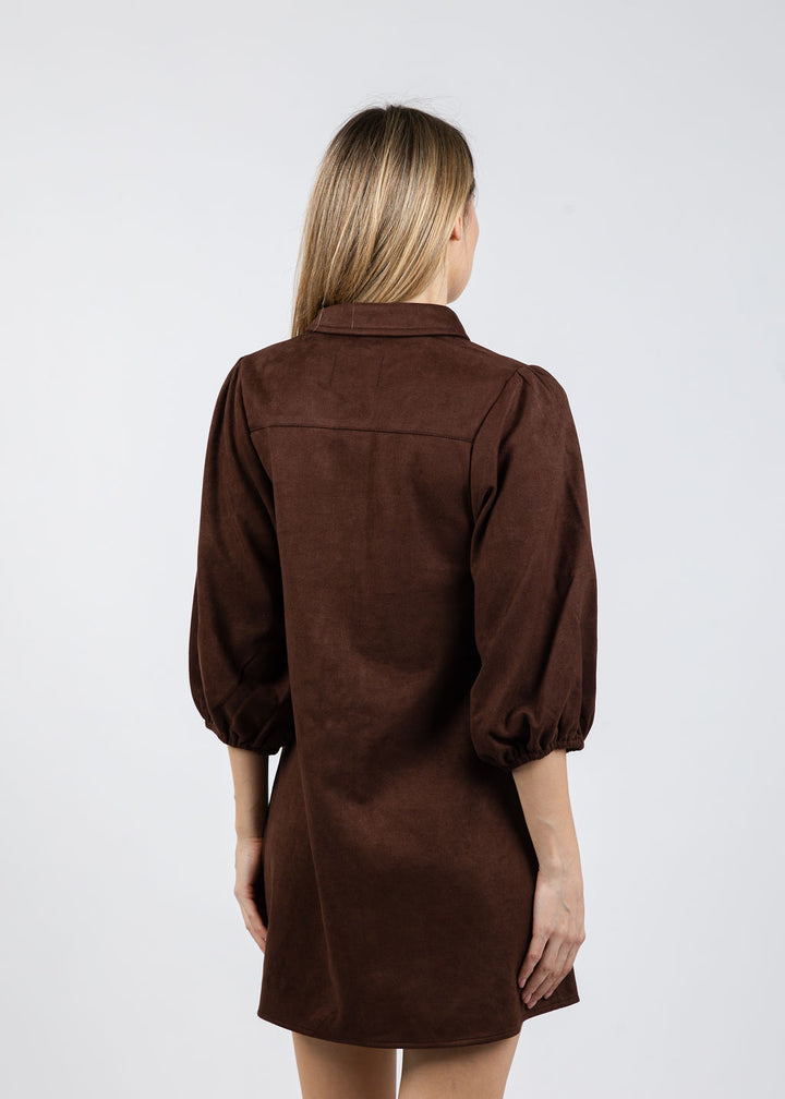 BK Faux Suede Puff Sleeve Shirt Dress in Coffee available at Barbara Katz