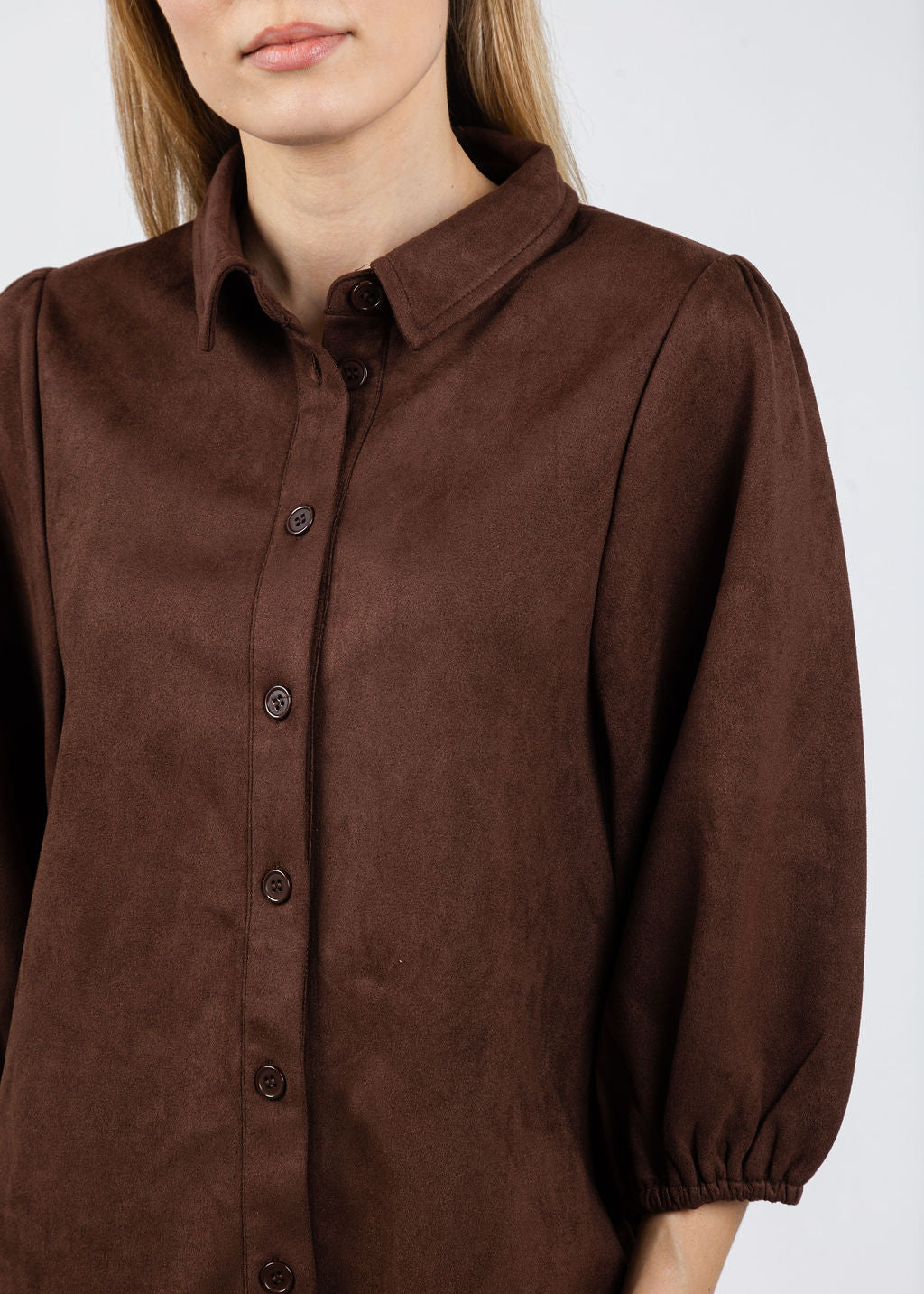 BK Faux Suede Puff Sleeve Shirt Dress in Coffee available at Barbara Katz