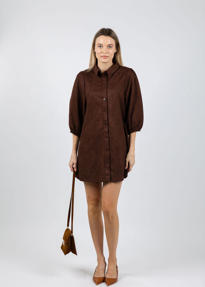 BK Faux Suede Puff Sleeve Shirt Dress in Coffee available at Barbara Katz