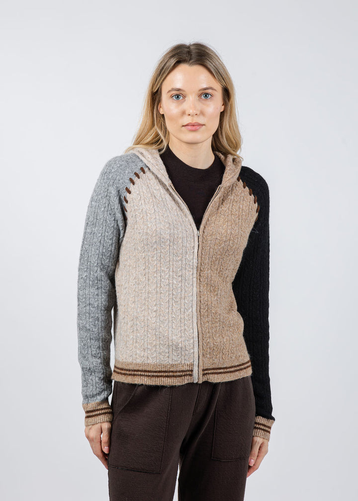 BK Faye Cabled Hoodie With Whipstitch in Black Brown Multi available at Barbara Katz