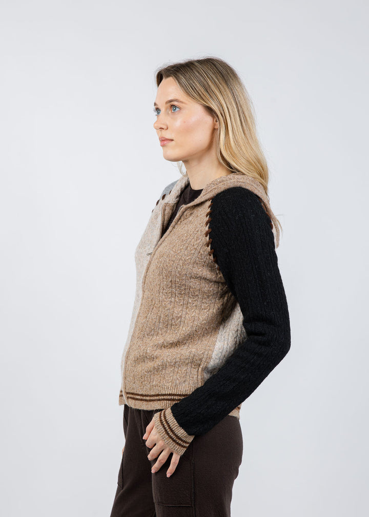 BK Faye Cabled Hoodie With Whipstitch in Black Brown Multi available at Barbara Katz