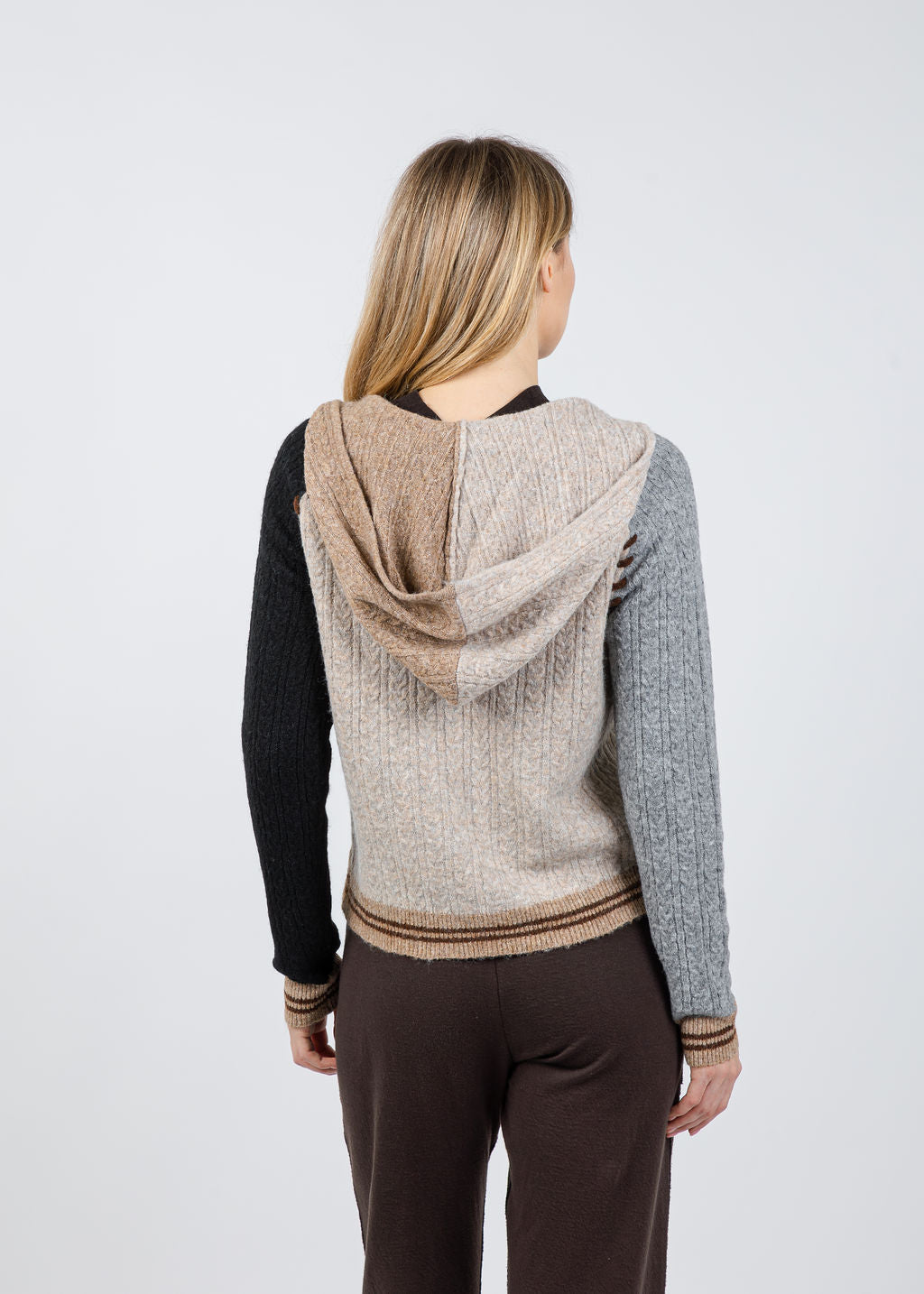 BK Faye Cabled Hoodie With Whipstitch in Black Brown Multi available at Barbara Katz