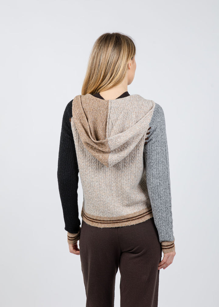 BK Faye Cabled Hoodie With Whipstitch in Black Brown Multi available at Barbara Katz