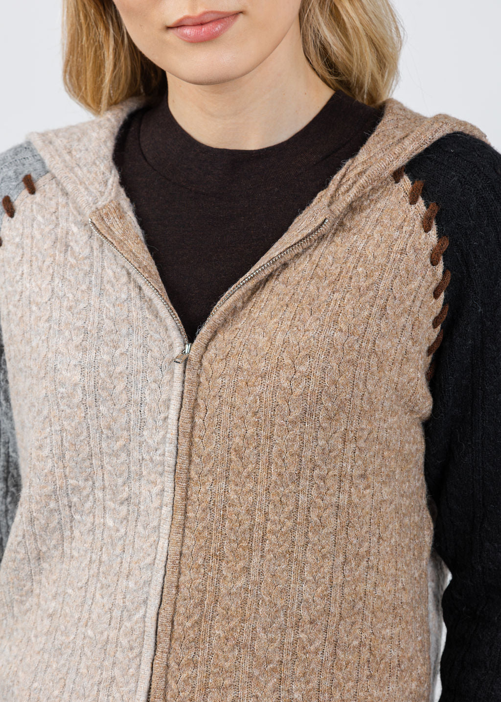 BK Faye Cabled Hoodie With Whipstitch in Black Brown Multi available at Barbara Katz