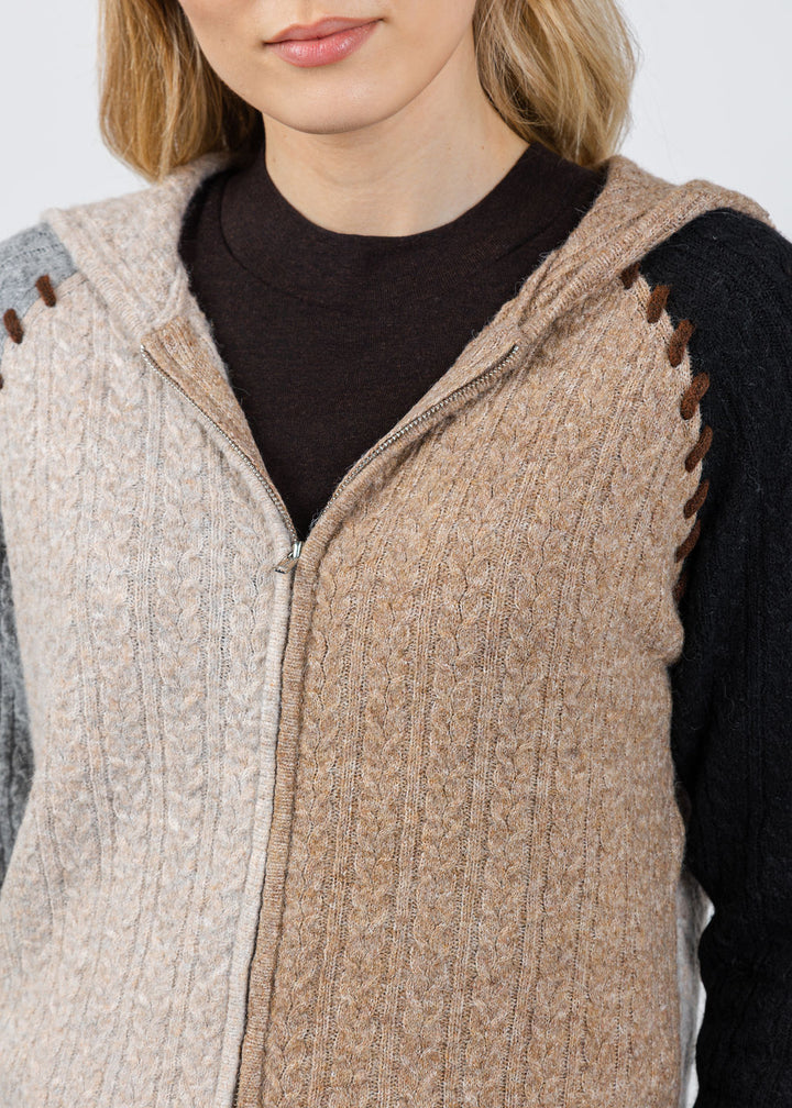 BK Faye Cabled Hoodie With Whipstitch in Black Brown Multi available at Barbara Katz