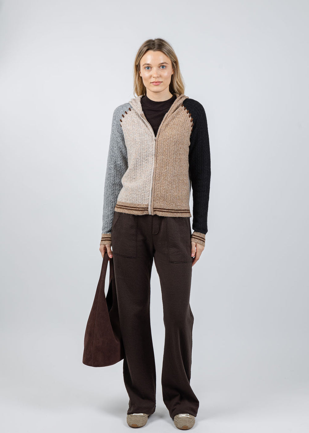 BK Faye Cabled Hoodie With Whipstitch in Black Brown Multi available at Barbara Katz