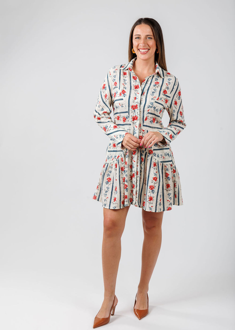 BK Floral Stripe Long Sleeve Shirt Dress in Cream available at Barbara Katz