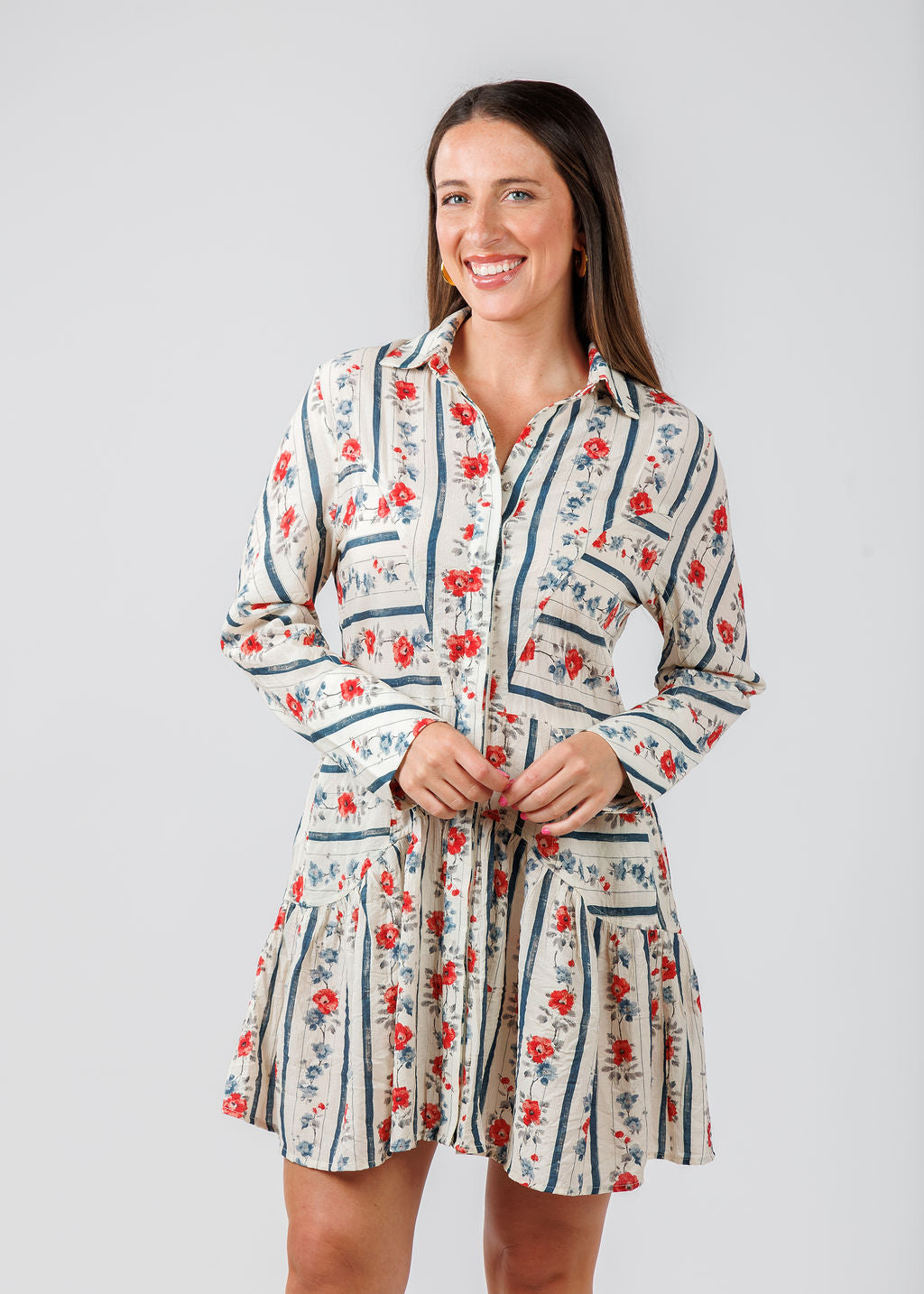 BK Floral Stripe Long Sleeve Dress in Cream available at Barbara Katz