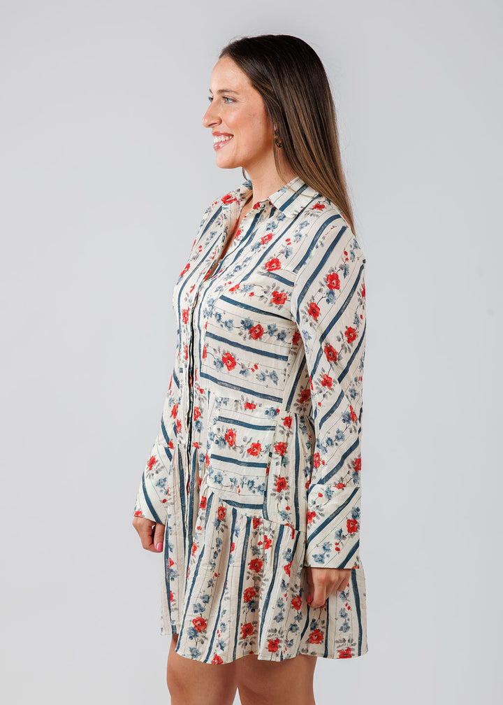 BK Floral Stripe Long Sleeve Dress in Cream available at Barbara Katz