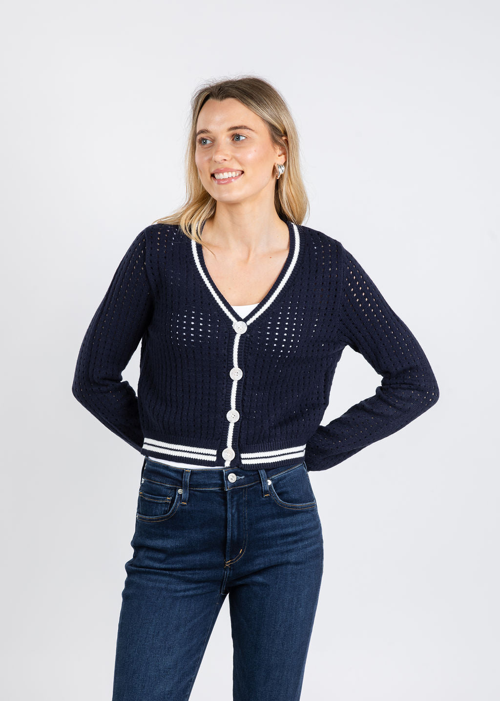 BK Franki Varsity Mesh Cardigan in Navy available at Barbara Katz