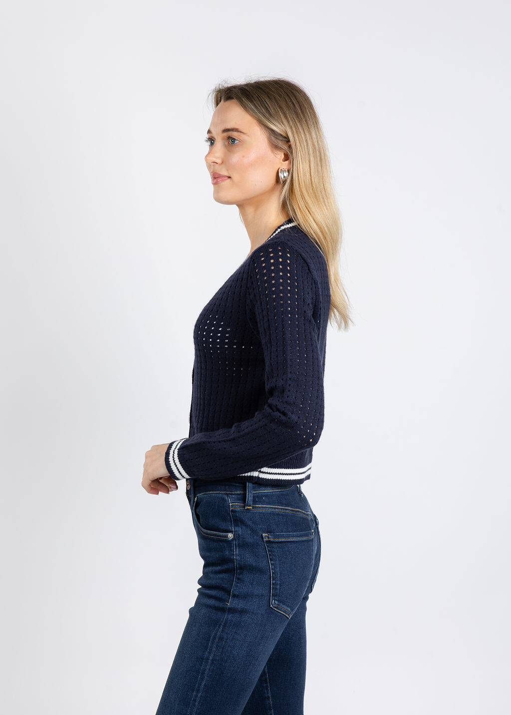 BK Franki Varsity Mesh Cardigan in Navy available at Barbara Katz
