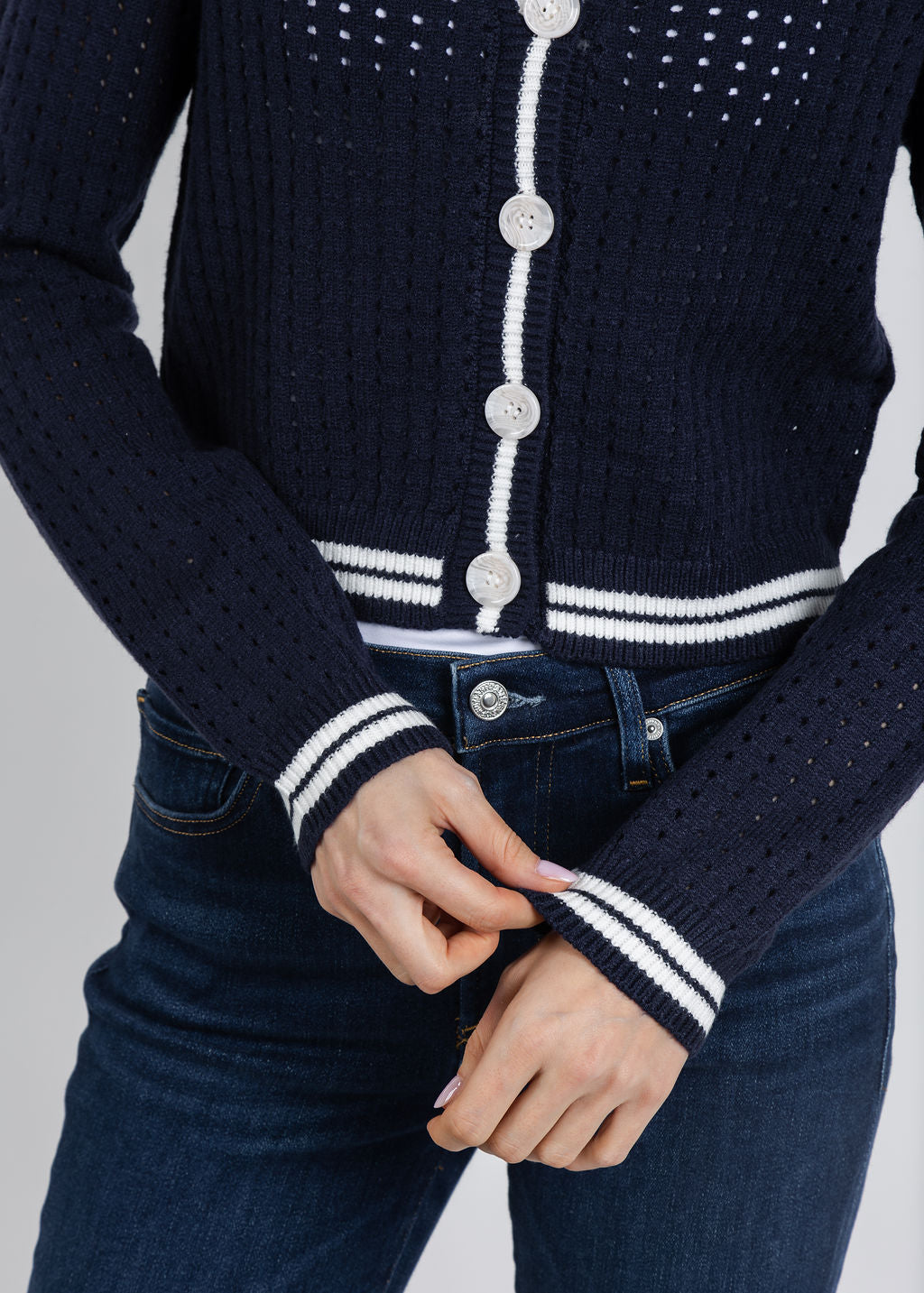 BK Franki Varsity Mesh Cardigan in Navy available at Barbara Katz