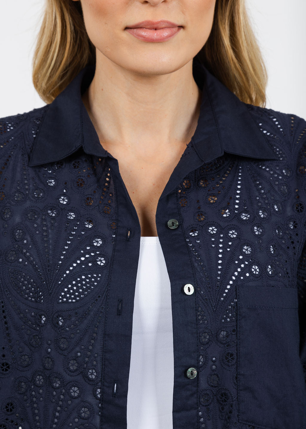 BK Gia Lace Blouse in Indigo available at Barbara Katz