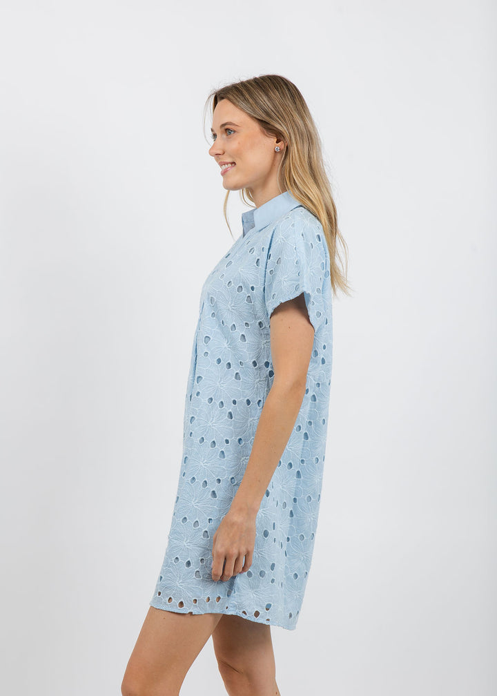 BK Gina Embroidered Dress in Blue available at Barbara Katz