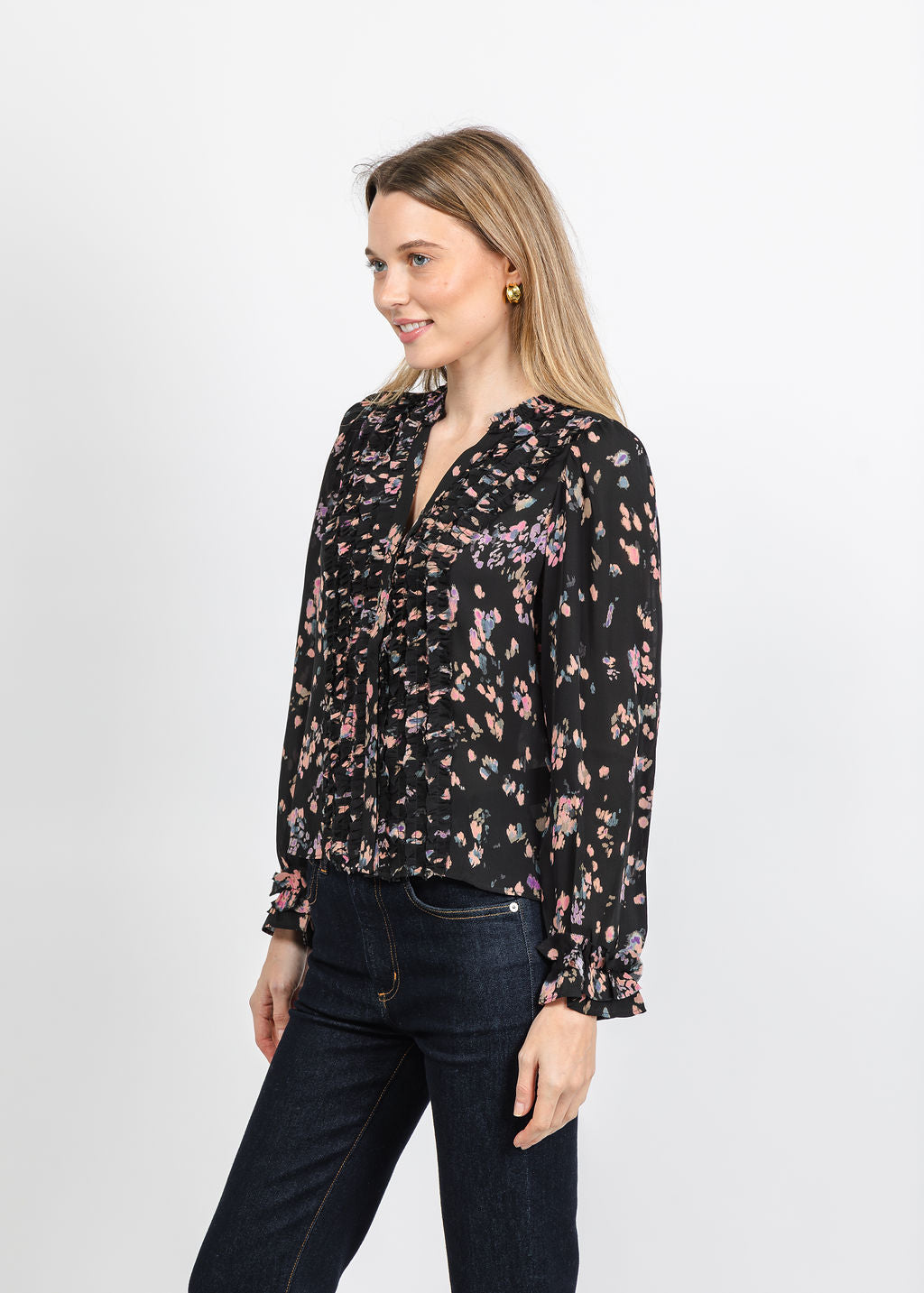 BK Go Get Ready Ruffle Print Shirt in Petal Toss available at Barbara Katz