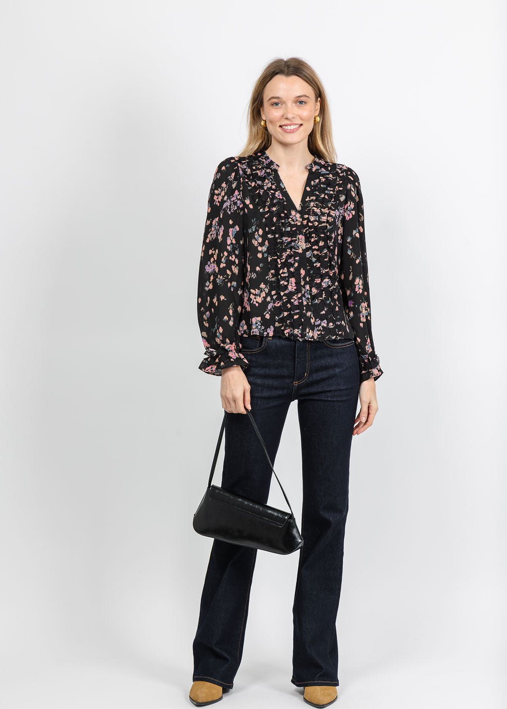 BK Go Get Ready Ruffle Print Shirt in Petal Toss available at Barbara Katz