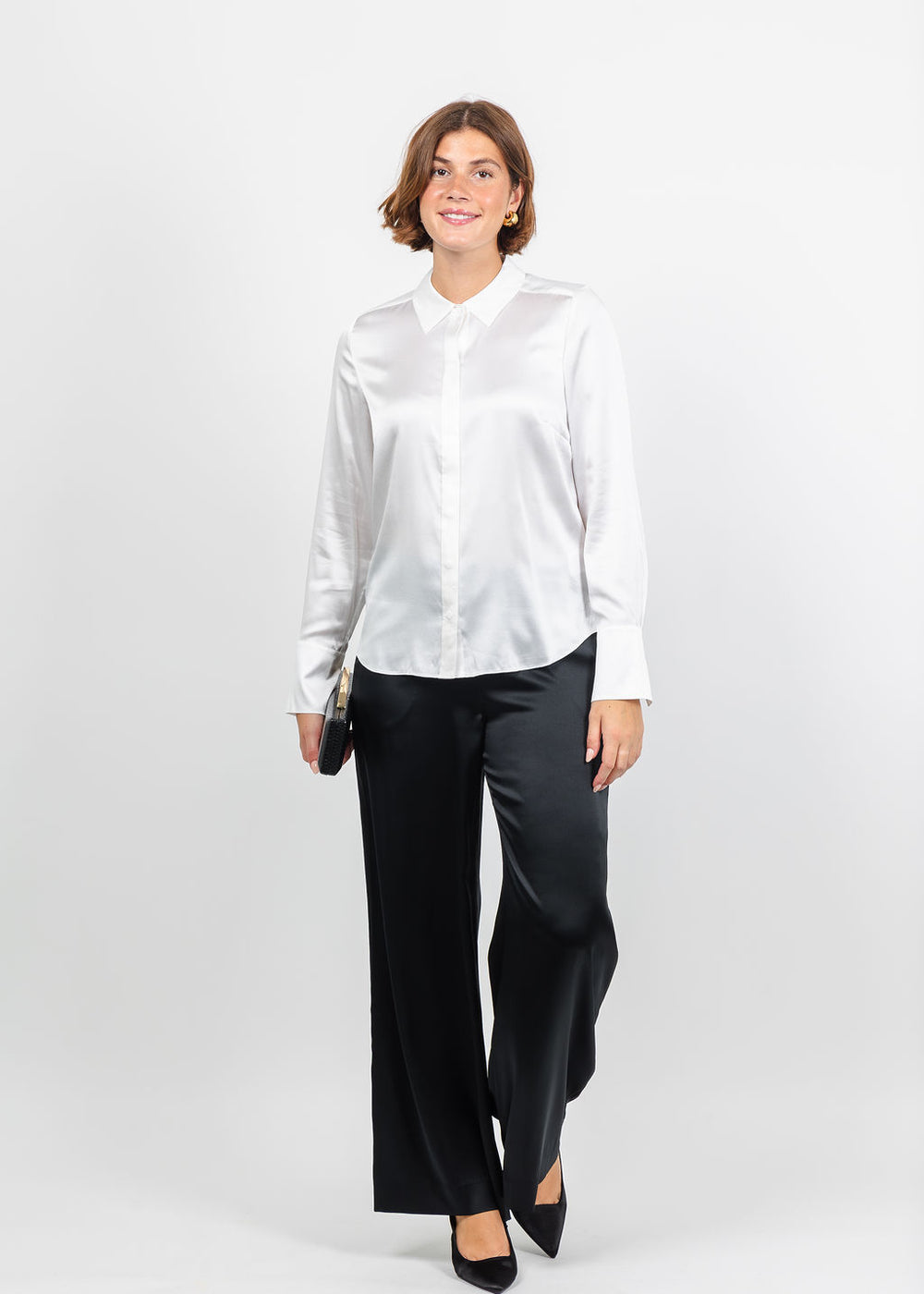 BK Go Le Blouse Slim in White paired wtih Go Piazza Pants in Black available at Barbara Katz