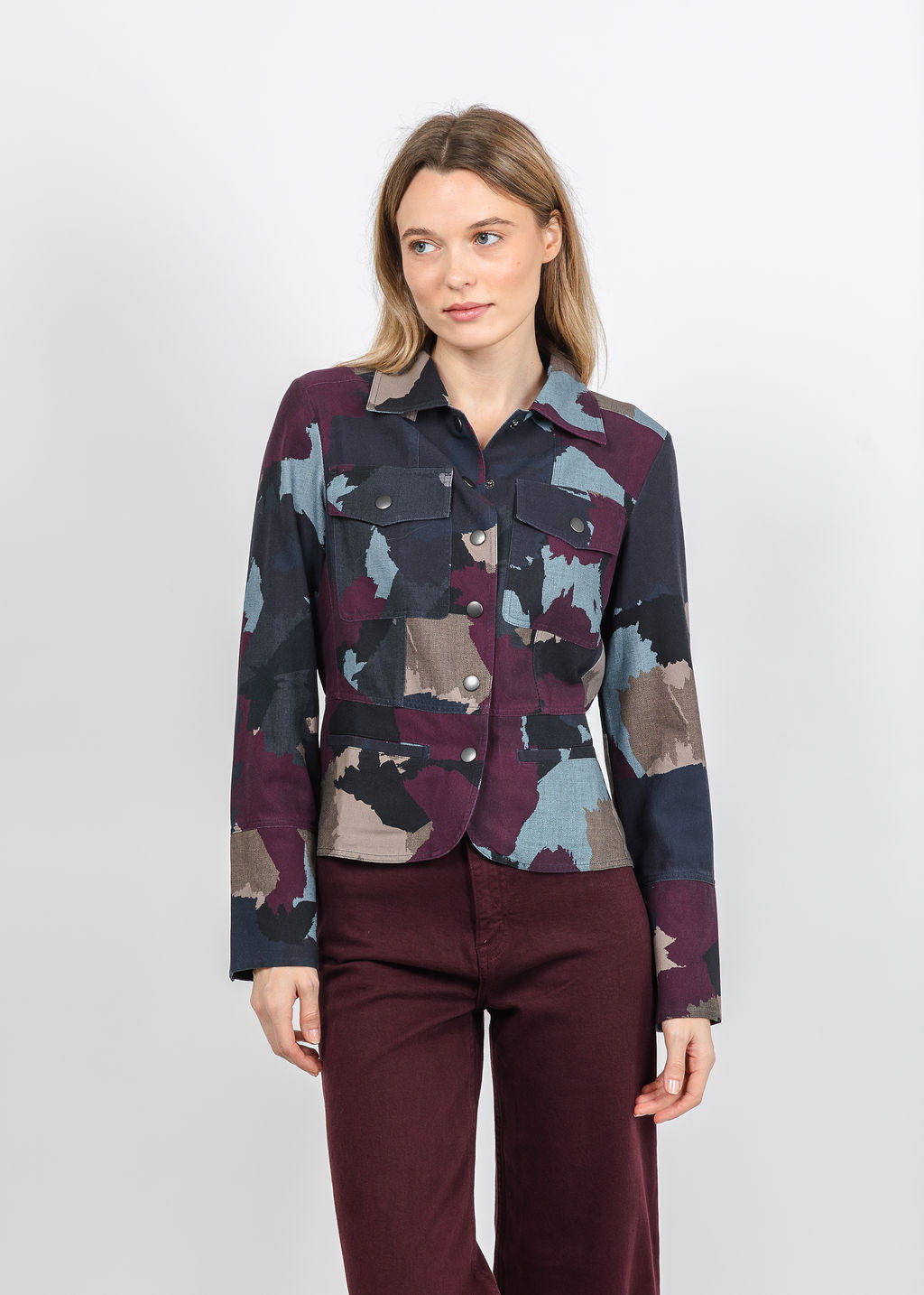 BK Go Military Printed Jacket in Burgundy available at Barbara Katz