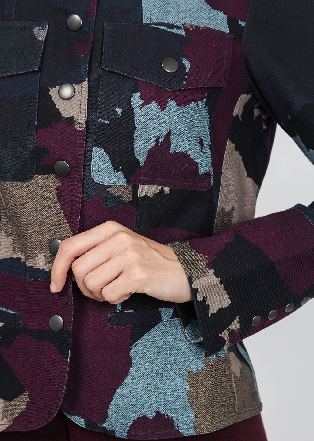 BK Go Military Printed Jacket in Burgundy available at Barbara Katz