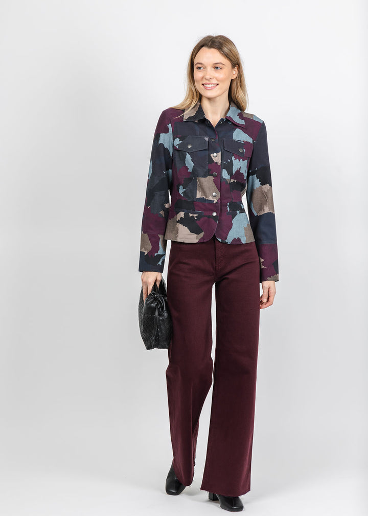 BK Go Military Printed Jacket in Burgundy paired with Penny High Rise Wide Leg Jeans in Claret available at Barbara Katz