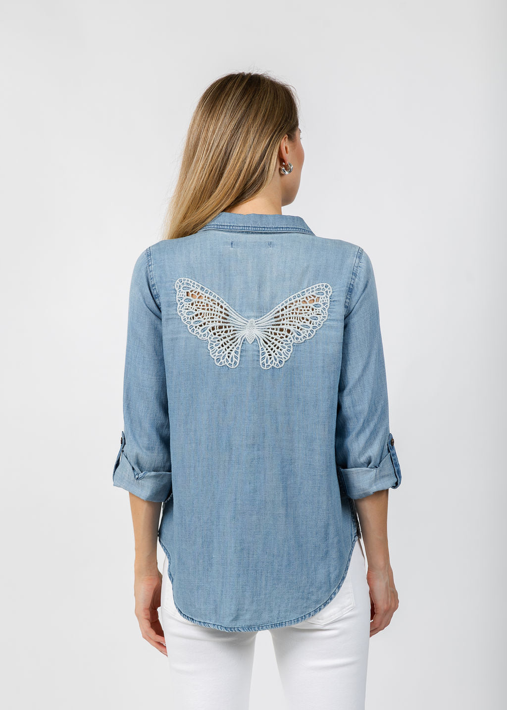 BK Golden Hour Butterfly Shirt in Washed Denim available at Barbara Katz