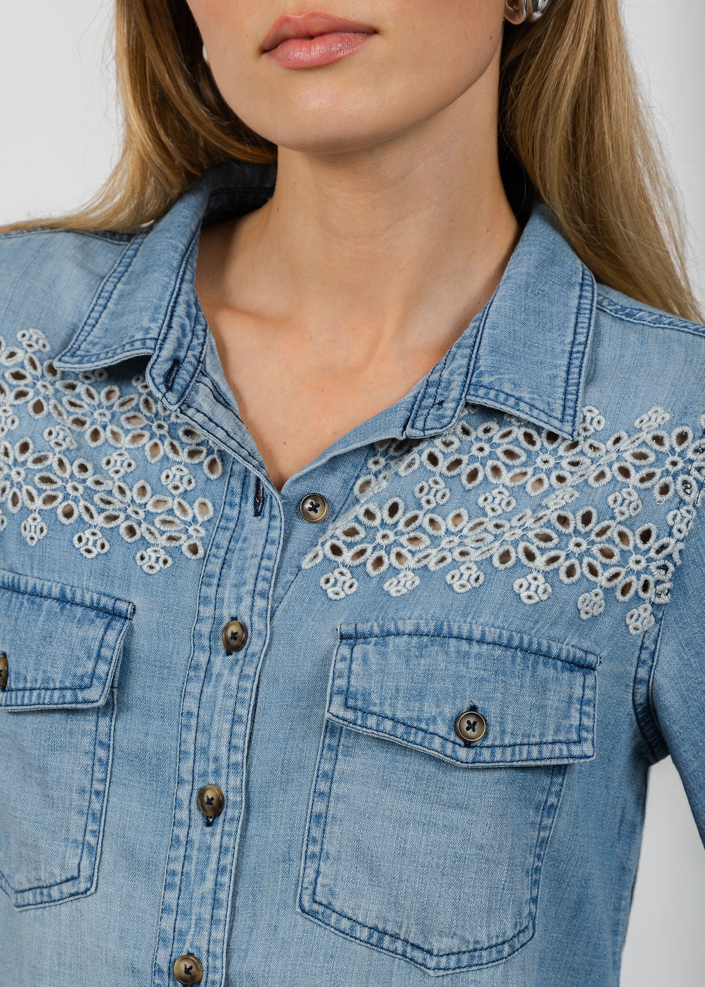 BK Golden Hour Butterfly Shirt in Washed Denim available at Barbara Katz