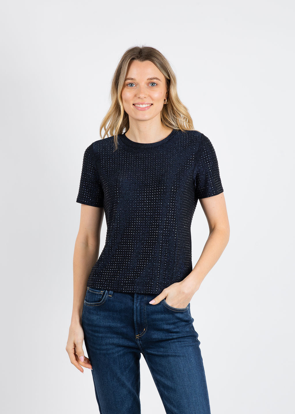 BK Griselle Grommet Stud Short Sleeve Top in Black/Navy available at Barbara Katz