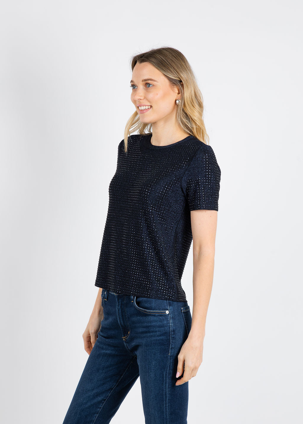 BK Griselle Grommet Stud Short Sleeve Top in Black/Navy available at Barbara Katz