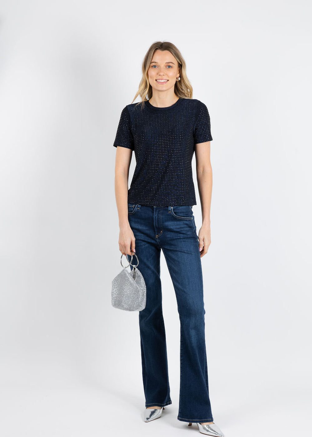 BK Griselle Grommet Stud Short Sleeve Top in Black/Navy available at Barbara Katz