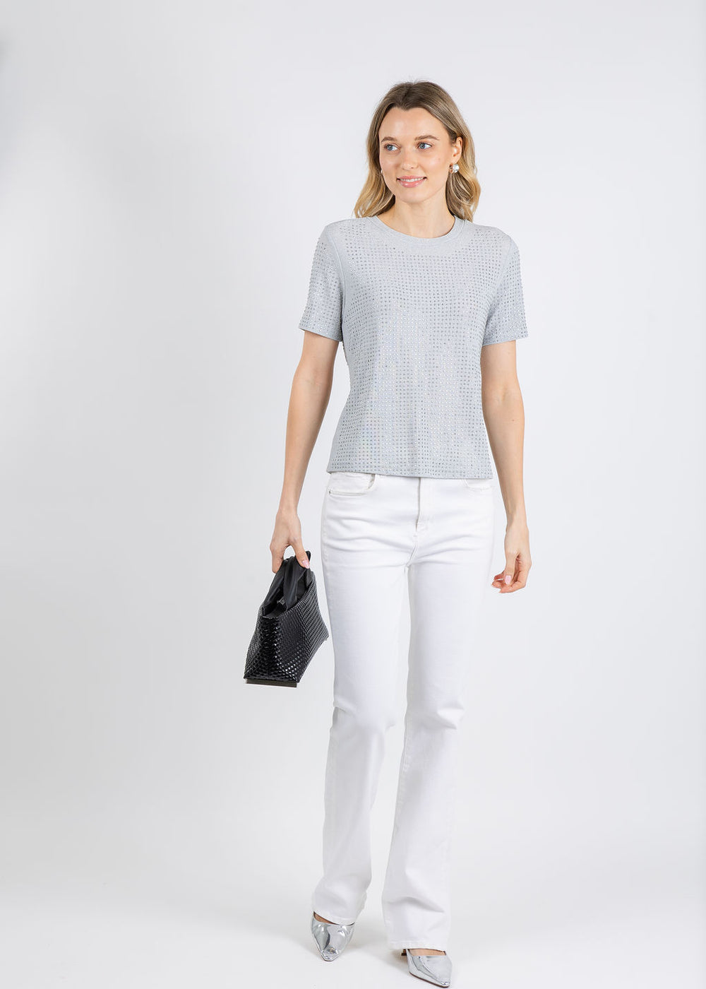 BK Griselle Grommet Stud Short Sleeve Top in Silver available at Barbara Katz