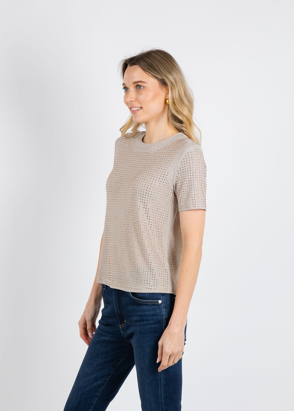 BK Griselle Grommet Stud Short Sleeve Top in Taupe available at Barbara Katz
