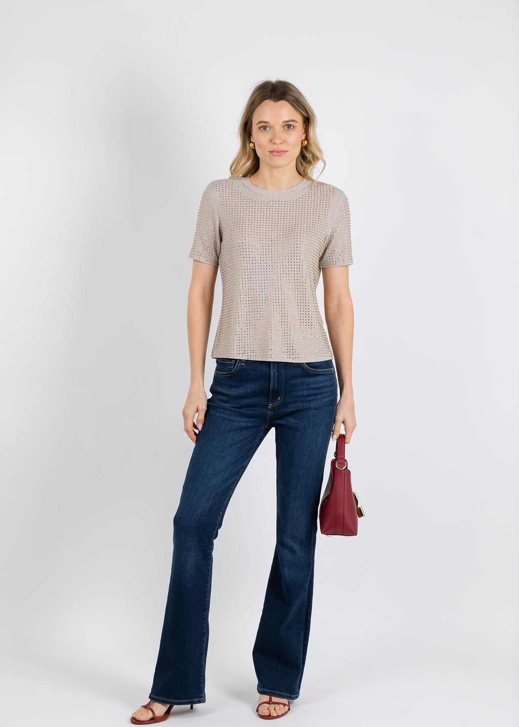 BK Griselle Grommet Stud Short Sleeve Top in Taupe available at Barbara Katz
