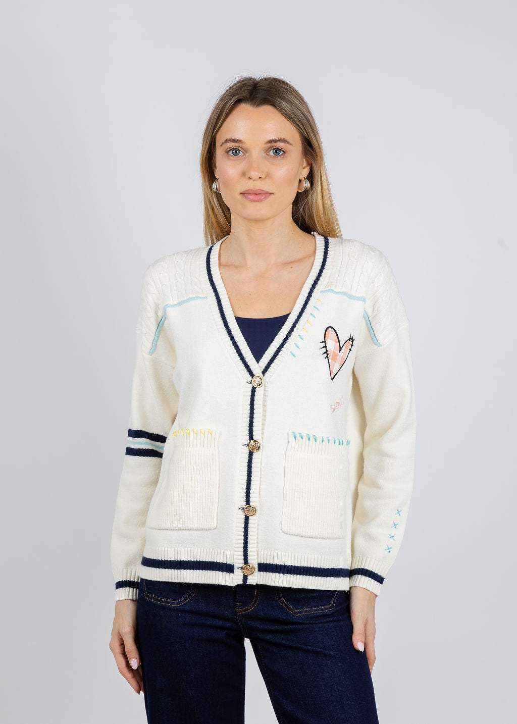 BK Heart Patchwork Cardigan in Ivory available at Barbara Katz