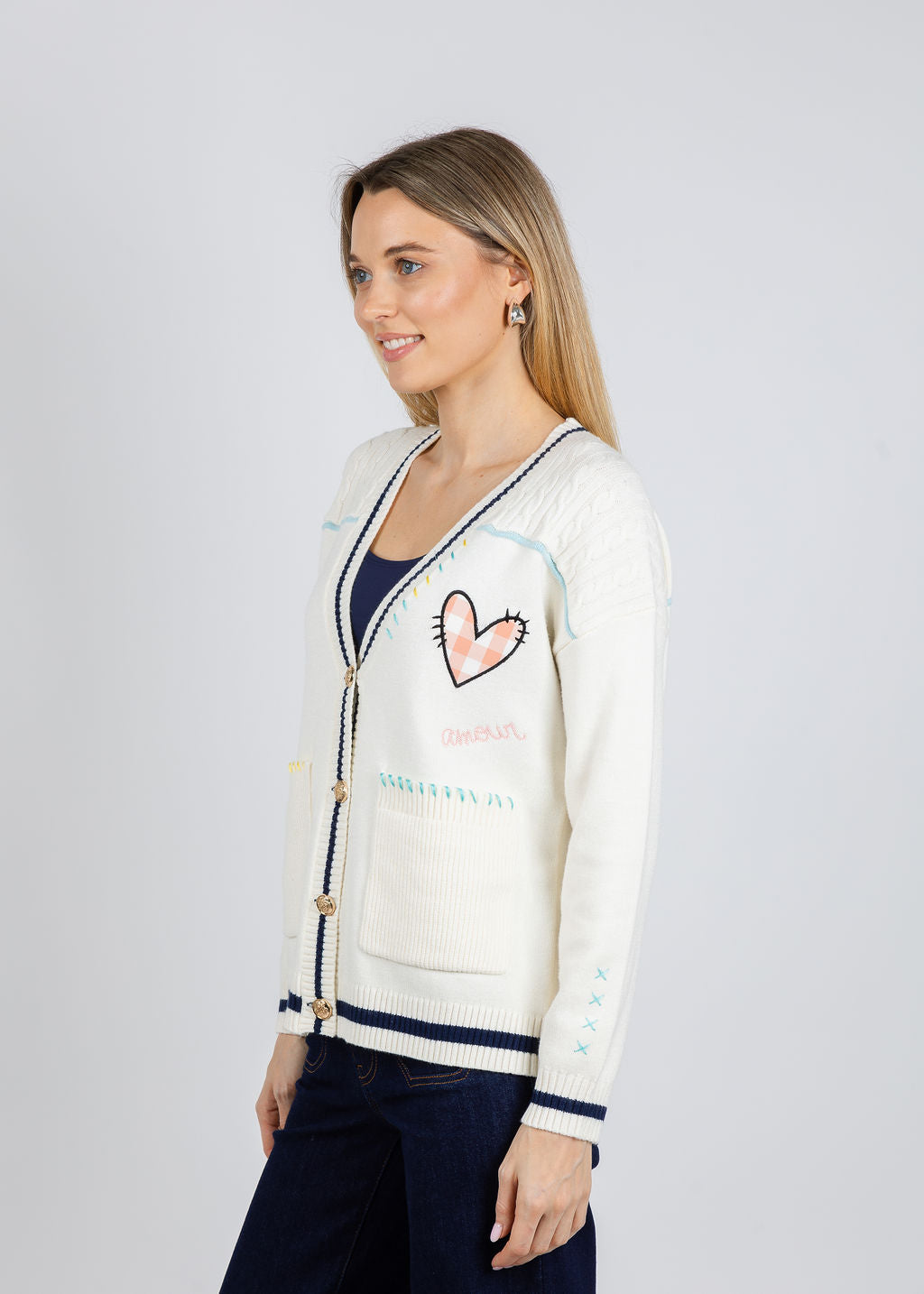 BK Heart Patchwork Cardigan in Ivory available at Barbara Katz