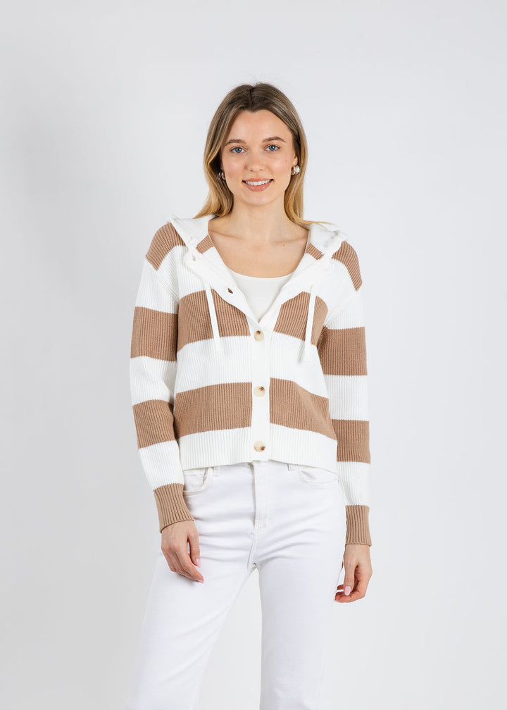 BK Holly Hooded Rugby Cardigan in Camel/Ivory available at Barbara Katz