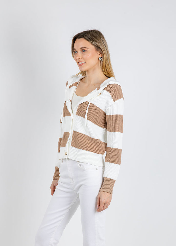 BK Holly Hooded Rugby Cardigan in Camel/Ivory available at Barbara Katz