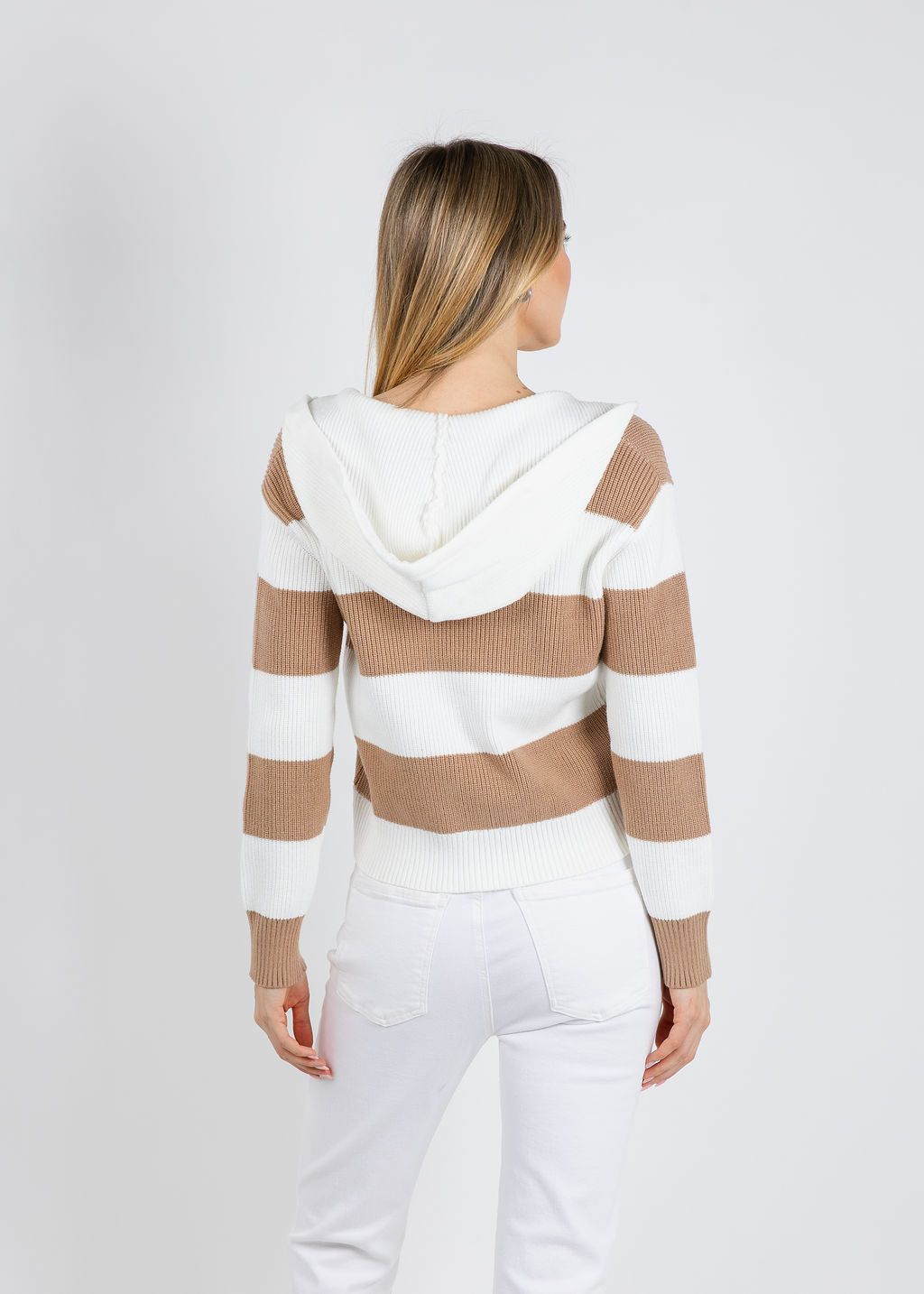 BK Holly Hooded Rugby Cardigan in Camel/Ivory available at Barbara Katz