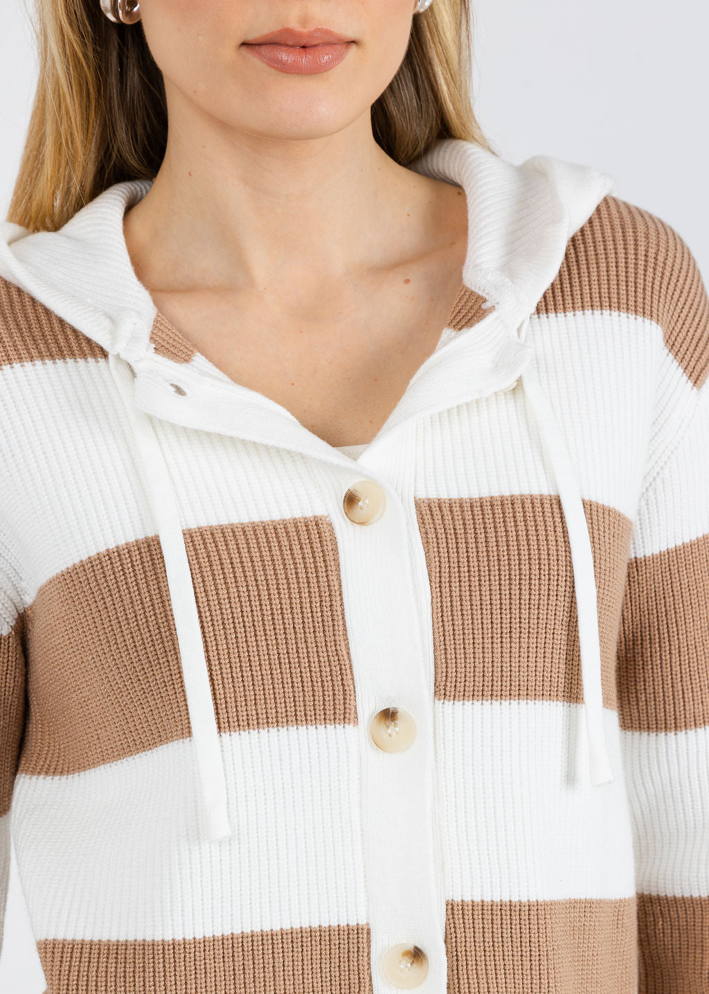 BK Holly Hooded Rugby Cardigan in Camel/Ivory available at Barbara Katz